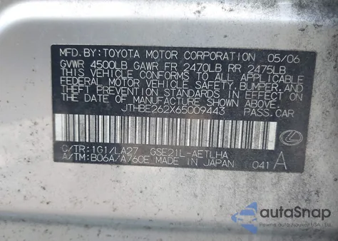 2006 Lexus Is 350 z USA, uszkodzony, nr VIN JTHBE262X65009443